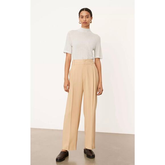 Vince Pleated High Waisted Wide Leg Trousers Khaki Dress Pants Beige 6 Ecovero - Picture 1 of 12